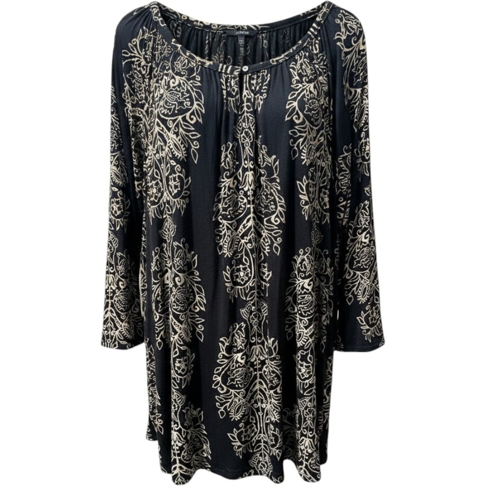 Lucky Brand Women Black Cream Damask Floral Peasant Tunic Top 3X 7W22955